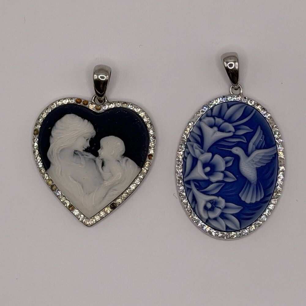 Sterling Silver 925 Blue Cameo Pendant Lot of 2 Vintage Oval Heart Jewelry